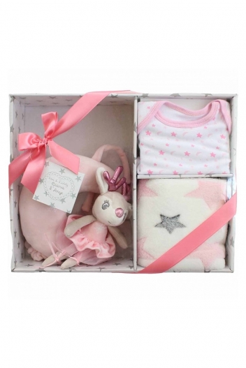 Set cadou 3 piese roz: jucarie muzicala patut, paturica plus, body 0-6 luni - 1
